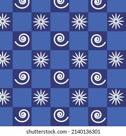 Daisy and spirals on dark blue and navy blue checkboard seamless pattern. Great for fabric , home décor and textile 