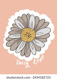 Daisy sticker in grey with lettering “Daisy Love” on pink background for branding, fabric print, wallpaper, social media post, doodle, notes, book covers, wall decor.