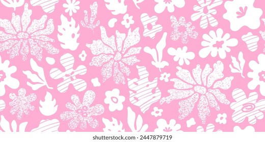 Daisy summer pattern. Groovy retro floral print. Abstract sun seamless pink background. Matisse flower shapes pattern. Noise grain summer vector. Halftone gradient daisy. Organic Matisse floral doodle