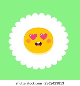 Sol margarita con corazones en los ojos ilustración vectorial. Caricatura aislada primavera feliz o flor de verano con cara linda, emoji chamomile divertido de moda y amor pegatina floral amarilla sobre fondo verde