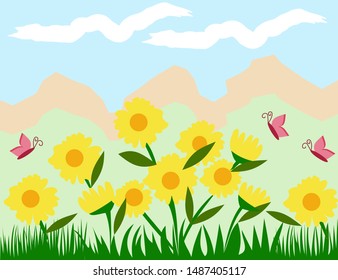 
Daisy and sunflower are in the garden. Butterflies are flying in the morning. Spring landscape with flowers and insects.