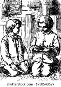 The Daisy, this scene shows two children sitting on knees and talking, holding something in hand, vintage line drawing or engraving illustration