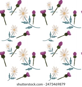 Daisy and thistle pattern original design and digital drawing. Can be used in web, wallpaper, ceramic and fabric designs.