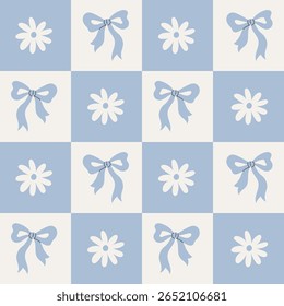 Daisy and Tied Bow Seamless Pattern. Shabby Chic Pastel colored Chessboard background with chamomile flowers and ribbons on blue checkerboard. Repeat vector illustration