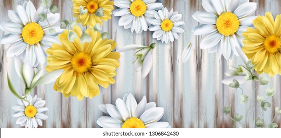 Daisy and tulips flowers bouquet Vector watercolor. Spring Summer backgrounds. Wooden textures