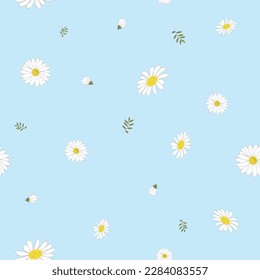 daisy white floral pattern with blue  background