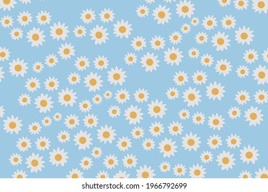 Daisy white yellow flower vector pattern, illusion on floral blue background