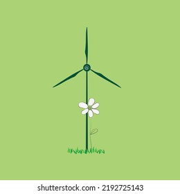 A daisy and a wind turbine side by side sharing the same ground. Symbol for clean energy concept.