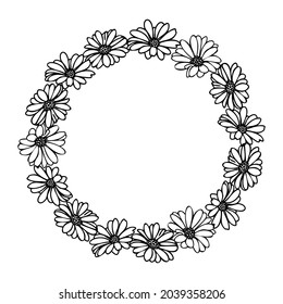 Daisy wreath for card or invitations, Hand drawn summer flower romantic style outline 