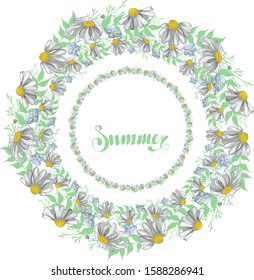 Daisy wreath with leaves and flowers.Chamomile isolated on white.lettering summer.Hand drawn botanical illustrations.Vector.