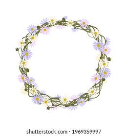 Daisy wreath. Round frame, cute purple and white flowers chamomile with yellow hearts. Festive decorations for wedding, holiday, postcard, poster and design. Vector flat illustration