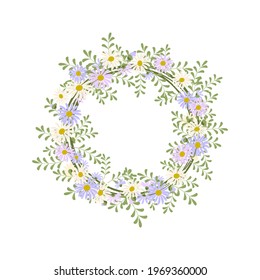 Daisy wreath. Round frame, cute purple and white flowers chamomile with yellow hearts. Festive decorations for wedding, holiday, postcard, poster and design. Vector flat illustration