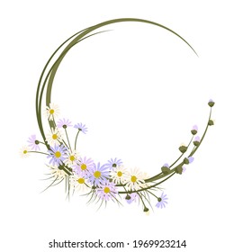 Daisy wreath. Round frame, cute purple and white flowers chamomile with yellow hearts. Festive decorations for wedding, holiday, postcard, poster and design. Vector flat illustration