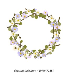 Daisy wreath. Round frame, cute purple and white flowers chamomile with yellow hearts. Festive decorations for wedding, holiday, postcard, poster and design. Vector flat illustration