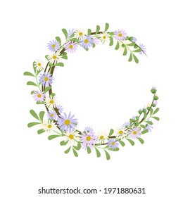 Daisy wreath. Round frame, cute purple and white flowers chamomile with yellow hearts. Festive decorations for wedding, holiday, postcard, poster and design. Vector flat illustration
