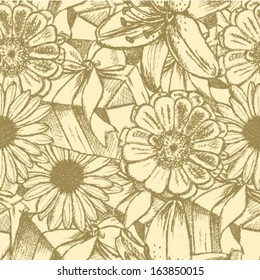 Daisy, zinnia, lily and present box, Birthday vector seamless pattern 