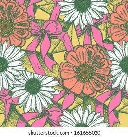 Daisy, zinnia and present box, Birthday vector seamless pattern 