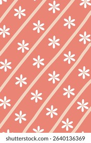 Daisy-like flowers arranged in rows on slanted lines create a playful pattern. Blossoms and slanted bands form a harmonious and cheerful design. Cartoon vector illustration.