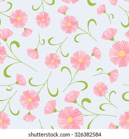 Daisy-like pink cosmos flowers seamless pattern on bright light blue background.