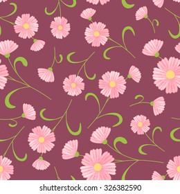 Daisy-like pink cosmos flowers seamless pattern on pale purple aubergine background.