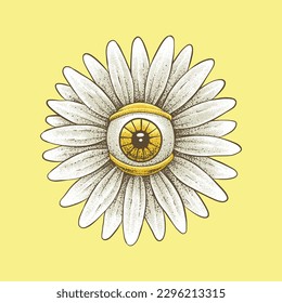 A daisy's eye drawn and colored using the pointillism technique.