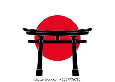 Daiwa torii, traditional Japanese gate in front of a red rising sun, the national flag symbol of Japan. Mainly a gate at Shinto shrine entrances, marking the transition from the mundane to the sacred.