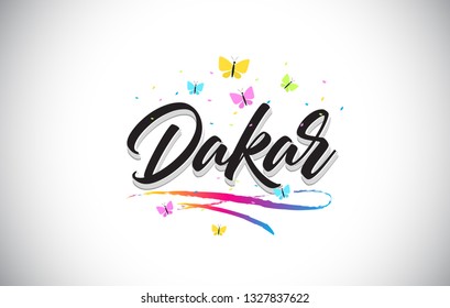 Dakar Handwritten Word Text with Butterflies and Colorful Swoosh Vector Illustration Design.