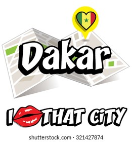 Dakar. I Love That City. Vector Illustration with country flag.