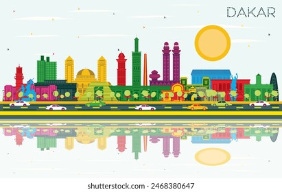 Dakar Senegal City Skyline with Color Buildings, Blue Sky and Reflections. Vector Illustration. Business Travel and Concept with Historic Architecture. Dakar Cityscape with Landmarks. 