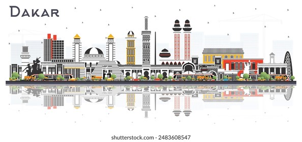 Dakar Senegal City Skyline with Color Buildings and reflections Isolated on White. Vector Illustration. Business Travel and Concept with Historic Architecture. Dakar Cityscape with Landmarks. 