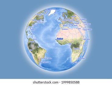 Dakar-Senegal se muestra en el mapa del globo vectorial. El mapa muestra la ubicación de Dakar-Senegal en el mundo.