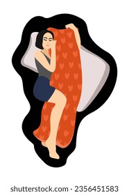 Dakimakura. Sleeping woman hugging pillow. Comfortable sleep concept. Vector illustration.