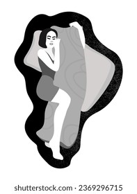 Dakimakura. Sleeping woman hugging pillow. Comfortable sleep concept. Vector illustration.