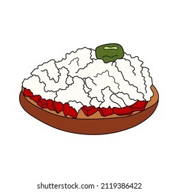 Dakos traditional Greek appetize. Cretan snack with cheese and tomatoes. Vector hand-drawn illustration. Design element for menu cafe, bistro, restaurant. 