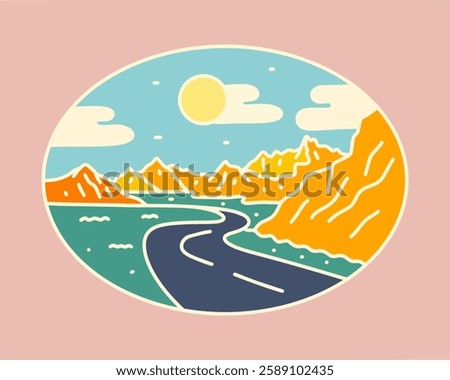 Dakota Badlands Road View mono line art for t shirt badge sticker illustration