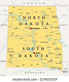 The Dakotas, Political Map. Collective Term For The U.S. States Of North Dakota And South Dakota, In The Upper Midwest And North Central. Used To Describe The Dakota Territory And Collective Heritage.