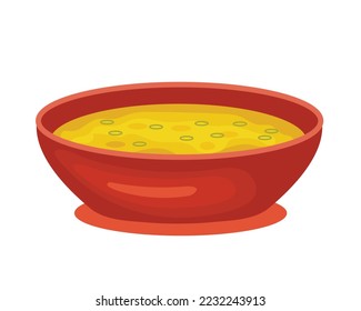 dal, daal or dhal. Indian dried legumes soup - lentils, beans, peas. Bright yellow Asian cuisine dish, cream soup. Vector illustration isolated on white background.