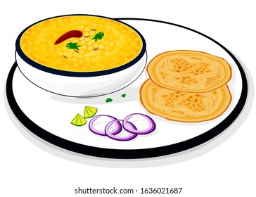 Dal Fry With Roti Indian Food Vector