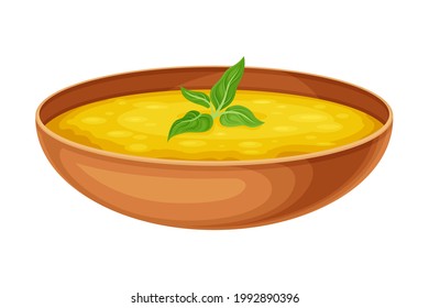 Dal Tadka or Thick Soup of Lentil as Indian Dish and Main Course Served in Bowl and Garnished with Herb Closeup Vector Illustration