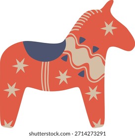 Dala horse figurine with folk pattern, wavy ornament, and star motif in a clean cartoon drawing. Symbol of tradition, heritage, craft, and culture for decor and souvenir. Cartoon vector illustration.