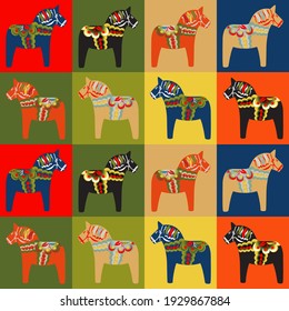 Dala horse pattern collage. Swedish folk art colorful background. 