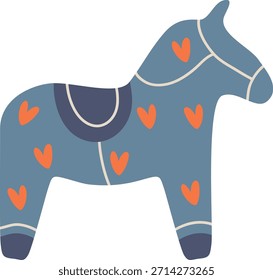 Dala horse with saddle and heart pattern in bold shapes and clean lines. Symbol of heritage, love, tradition, culture, and craft. Cartoon vector illustration.