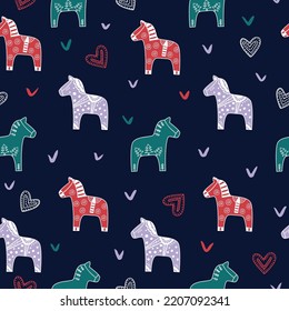 Dala horses with boho decorative elements seamless pattern. Dalecarlian horse traditional wooden statuette originating in Dalarna, Swedish. Scandinavian style simple background vector illustration.