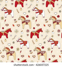 Dala horses seamless pattern