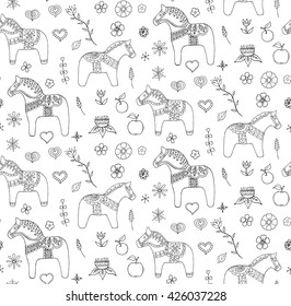 Dala horses seamless pattern, black and white hand drawn vector.