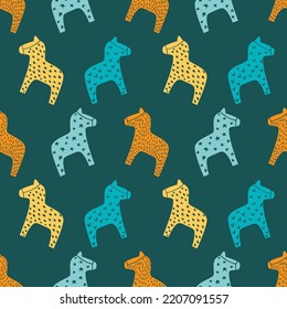 Dala horses seamless pattern. Swedish Dalarna horse scandinavian sketch minimalistic style simple background for cards tourism related kids stuff design. Hand drawn abstract animal vector illustration