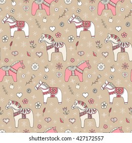 Dala horses seamless pattern, traditional hand drawing background. Can be used for wallpaper, wrapping, textile. Equestrian vector illustration.