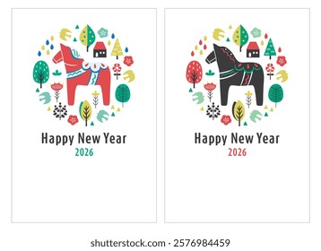 Dalarna Horse and Scandinavian style plants new years card English