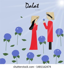 Dalat is paris of Vietnam. A couple in red Ao dai dressing and Non La hat is  get together in sparking sparkle Hydrangea 
flowers  field in ray light summer day. A man give a flower to his woman. 