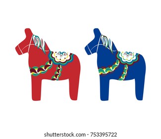Dalecarlian horse or Dala horse, traditional carved, painted wooden horse statuette, Swedish national toy, symbol of Sweden. Isolated on white background, vector illustration.